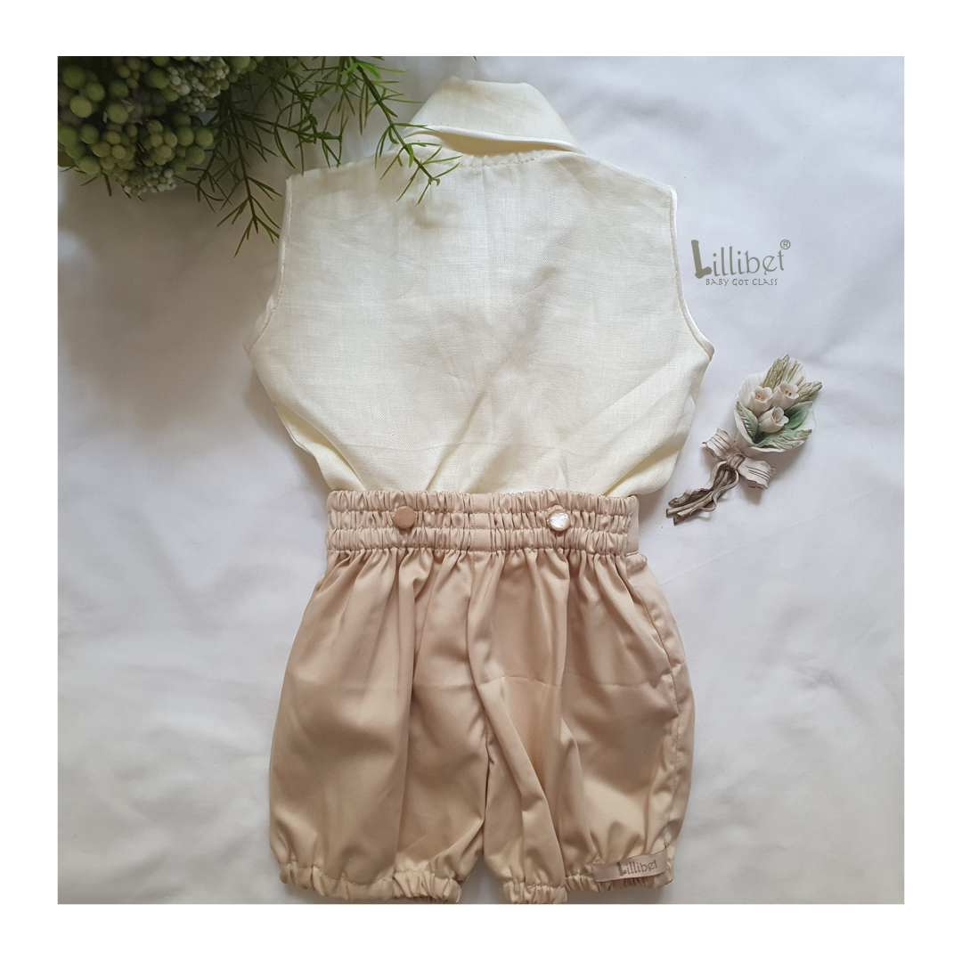 Cream Linen & Oat Beige Button-up Bloomers Set